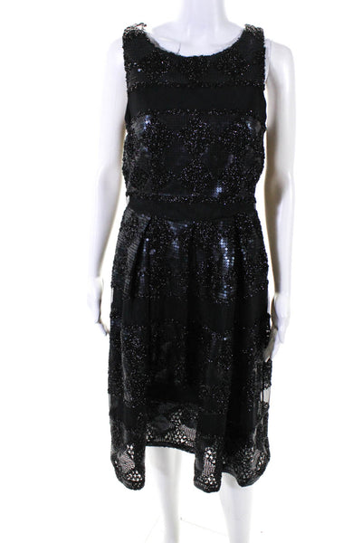 Eva Franco Womens Embroidered Sequined Fringed Pleated Dress Black Size 8