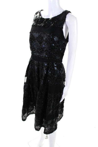 Eva Franco Womens Embroidered Sequined Fringed Pleated Dress Black Size 8