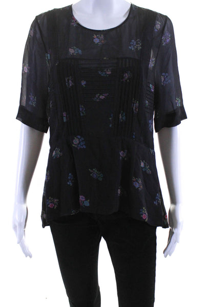 Veronica Beard Womens Short Sleeve Pintuck Floral Peplum Top Blouse Black Size 6