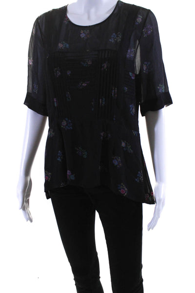 Veronica Beard Womens Short Sleeve Pintuck Floral Peplum Top Blouse Black Size 6