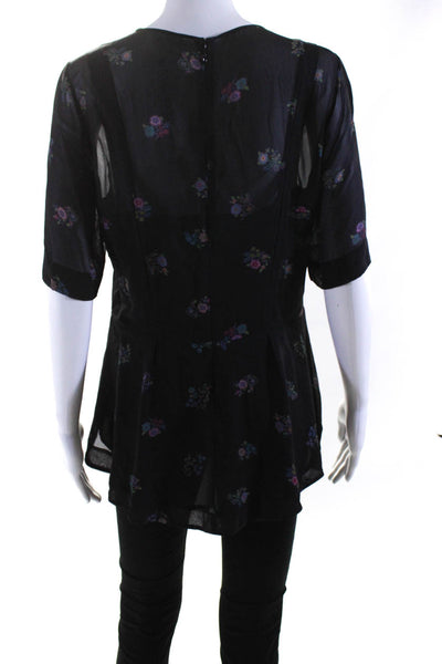 Veronica Beard Womens Short Sleeve Pintuck Floral Peplum Top Blouse Black Size 6