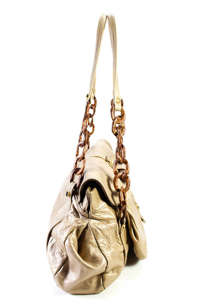 R & Y Augousti Crinkled Leather Double Wooden Link Handles Satchel Handbag Gold