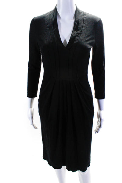 BCBGMAXAZRIA Womens V-Neck 3/4 Sleeves Pleated Pockets A-Line Dress Black Size X