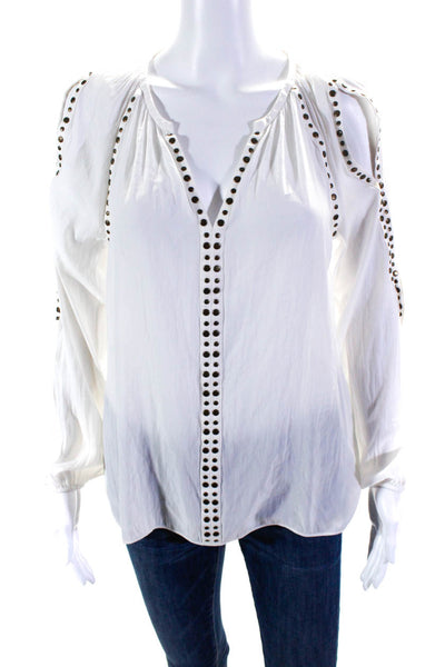 Ramy Brook Women's V-Neck Long Sleeves Studs Silk Blouse White Size XS