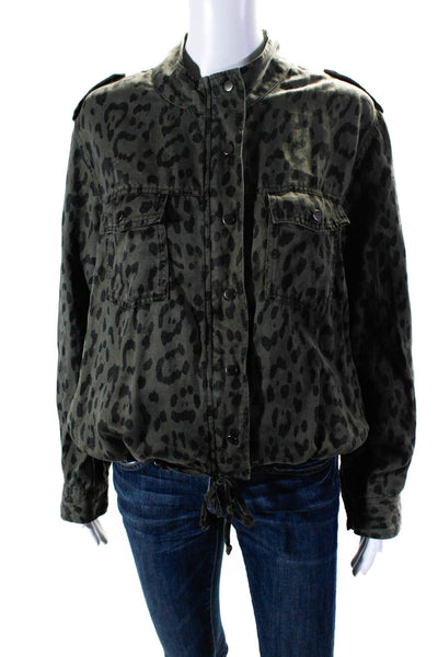 Rails Women's Leopard Print Drawstring Fill Zip Stand Collar Jacket Green Size L