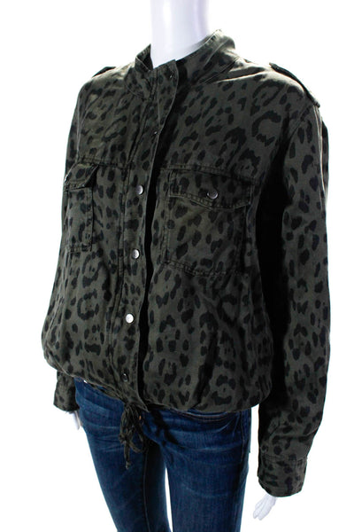 Rails Women's Leopard Print Drawstring Fill Zip Stand Collar Jacket Green Size L