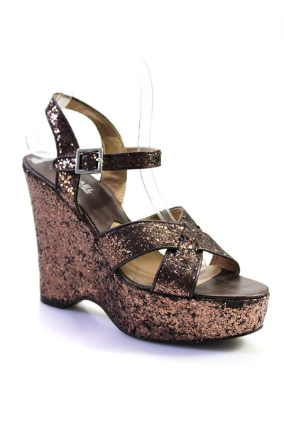Michael Michael Kors Womens Glitter Leather Ankle Strap Wedges Brown Size 8