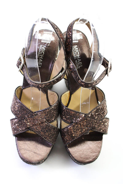 Michael Michael Kors Womens Glitter Leather Ankle Strap Wedges Brown Size 8