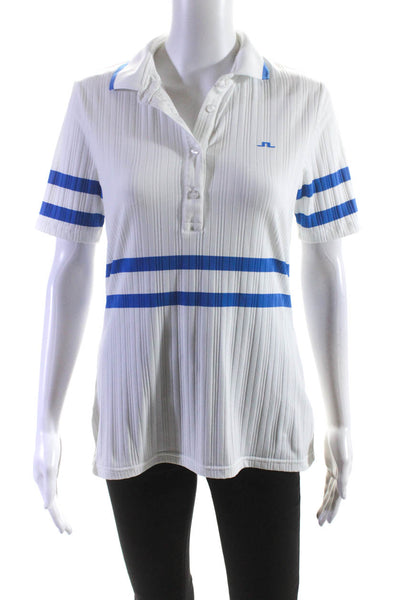 J. Lindeberg Womens Striped Print Ribbed Collared Buttoned Top White Size M
