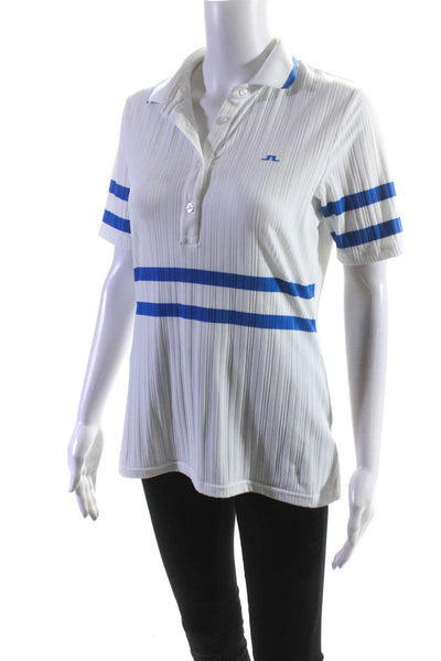 J. Lindeberg Womens Striped Print Ribbed Collared Buttoned Top White Size M