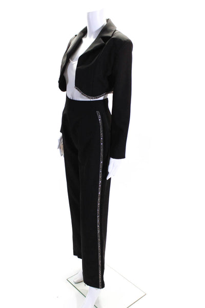 Maniere De Voir Womens Jeweled Studded Crop Blazer Pants Set Black Size 2