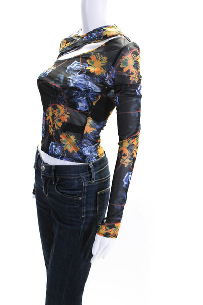Ksubi Womens Floral Print Long Sleeve Cut-Out Buckled Blouse Blue Size XS