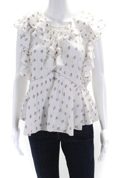 Sea Women's V-Neck Lace Up Ruffle Tassel Tiered White Floral Blouse Size 10