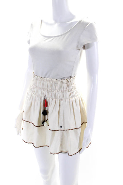 Scotch & Soda Women's Smocked Waist Beaded Ruffle Tiered Mini Skirt Beige Size 2