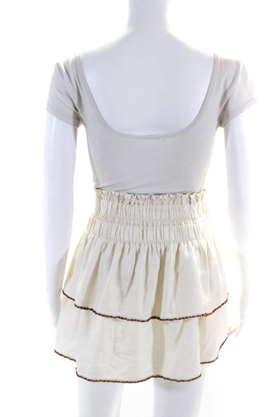 Scotch & Soda Women's Smocked Waist Beaded Ruffle Tiered Mini Skirt Beige Size 2