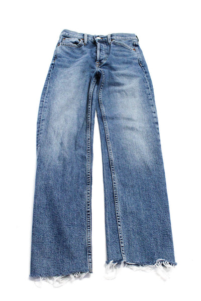 Re/Done Womens Button Fly High Rise Fringe Straight Leg Jeans Blue Size 24