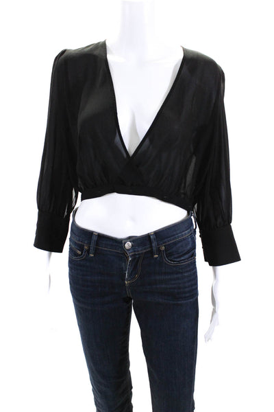 Elisabetta Franchi Womens Long Sleeve Button Front Cropped Shirt Black FR 42