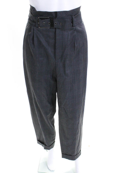 Strenesse Women's Wool High Rise Belted Plaid Tapered Trousers Gray Size 8