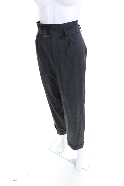 Strenesse Women's Wool High Rise Belted Plaid Tapered Trousers Gray Size 8