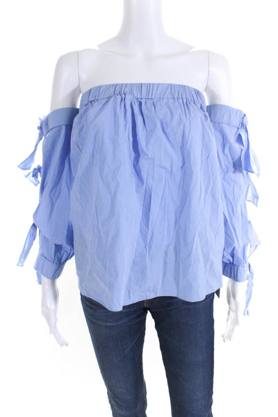 Milly Womens Long Sleeves Off The Shoulder Bow Blouse Blue Cotton Size Petite