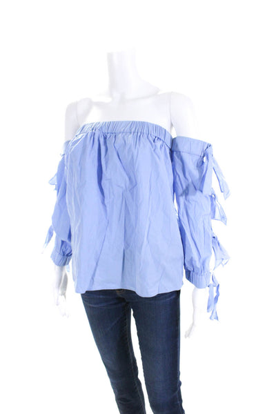 Milly Womens Long Sleeves Off The Shoulder Bow Blouse Blue Cotton Size Petite