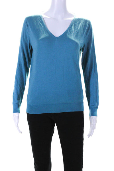 Lafayette 148 New York Womens Silk + Cotton V-Neck Long Sleeve Top Blue Size S