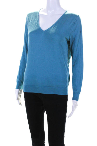 Lafayette 148 New York Womens Silk + Cotton V-Neck Long Sleeve Top Blue Size S