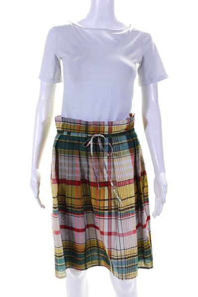 Lafayette 148 New York Womens Cotton Plaid Drawstring Waist Skirt Yellow Size S