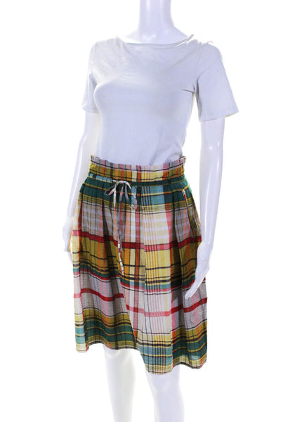 Lafayette 148 New York Womens Cotton Plaid Drawstring Waist Skirt Yellow Size S