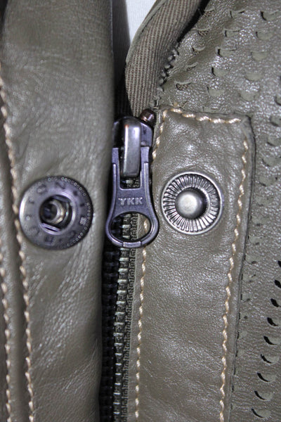 Jakett Womens Button Front Collared Laser Cut Leather Jacket Olive Green Medium