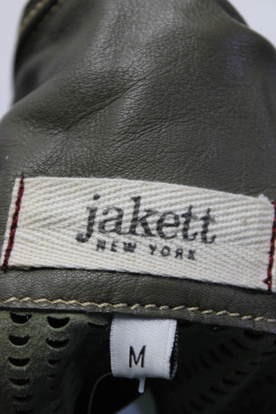 Jakett Womens Button Front Collared Laser Cut Leather Jacket Olive Green Medium
