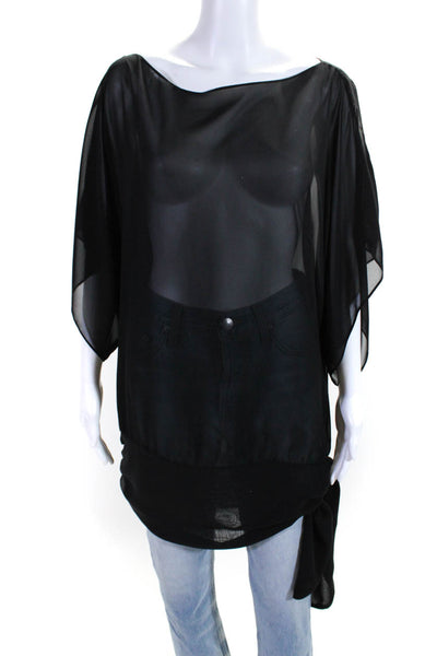Badgley Mischka Women's Round Neck Short Sleeves Cinch Tunic Blouse Black Size L