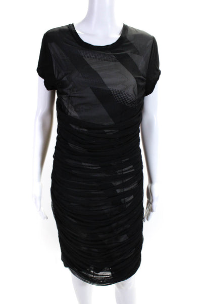BCBGMAXAZRIA Women's Neck Short Sleeves Cinch Bodycon Mini Dress Black Size L