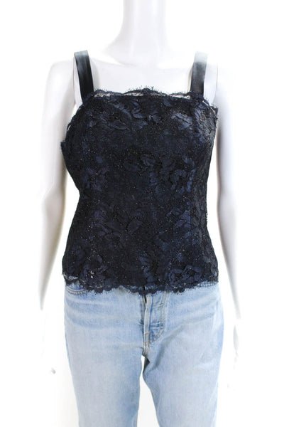 Clifford Michael Womens Floral Lace Sleeveless Zippered Blouse Navy Blue Size 8