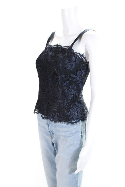 Clifford Michael Womens Floral Lace Sleeveless Zippered Blouse Navy Blue Size 8