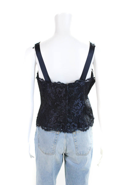 Clifford Michael Womens Floral Lace Sleeveless Zippered Blouse Navy Blue Size 8