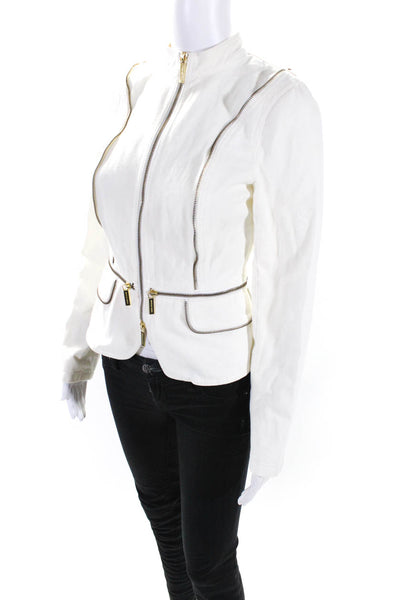Michael Michael Kors Womens White Zipper Detail Long Sleeve Denim Jacket Size 2