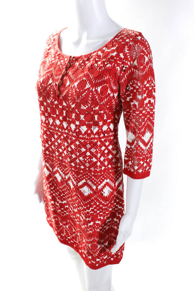 Beth Bowley Womens Red Textured Printed Scoop Neck Long Sleeve Shift Dress Size6