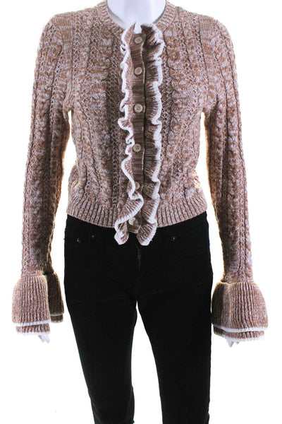 Tularosa Womens Button Up Ruffle Crew Neck Cardigan Sweater Brown Size Medium