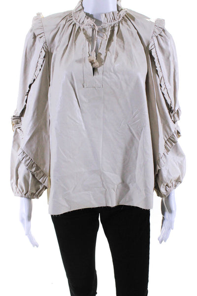 Olivaceous Womens Ruffle Trim Faux Leather Tie Neck Top Blouse Ivory Medium
