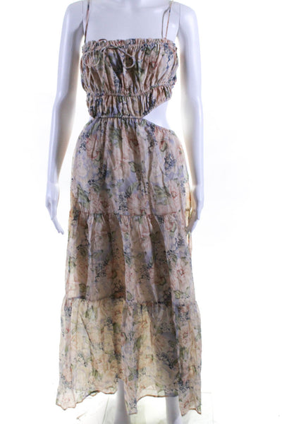 ASTR Womens Drawstring Floral Cutout Bodice Midi Dress Ivory Green Blue Medium