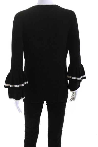 Frame Womens Ribbed Crew Neck Bell Sleeve Sweater Black White Size Large
