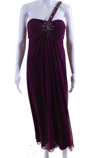 Xscape Womens Beaded Pleated One Strap Zip Up Maxi Dress Purple Size 10P