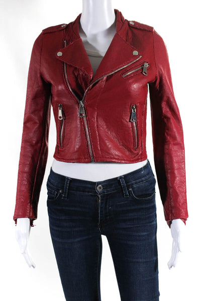 Maje Women's Long Sleeves Collar Full Zip Leather Moto Jacket Red Size 36