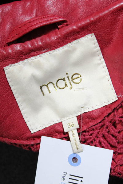 Maje Women's Long Sleeves Collar Full Zip Leather Moto Jacket Red Size 36