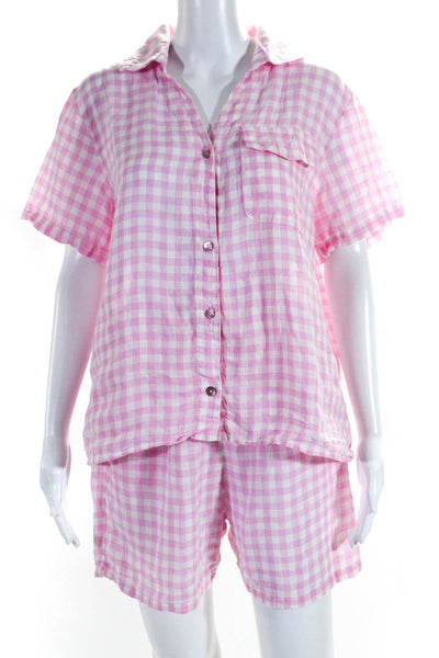 Frankies Bikinis Women Gingham Button Up Shirt Shorts Set Pink Linen Small Large