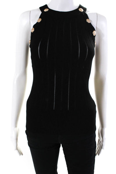 Immodel Womens Crew Neck Button Knit Halter Sleeveless Top Blouse Black Large