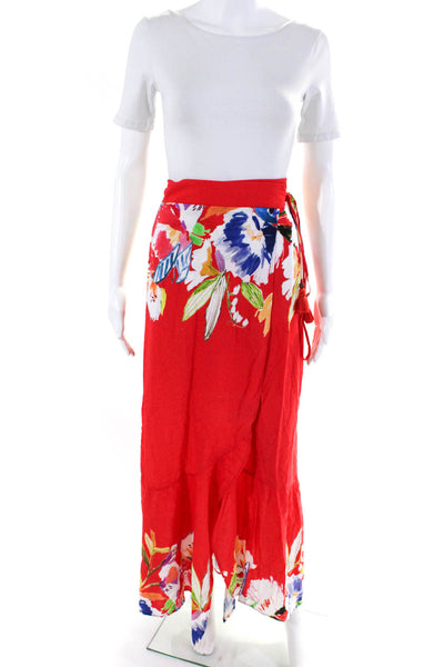 Maaji Womens Smocked Waist Floral Maxi Wrap Skirt Red Size Medium