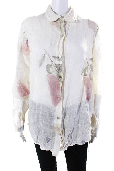 Haris Cotton Womens Woven Floral Button Up Shirt Blouse White Pink Linen Large