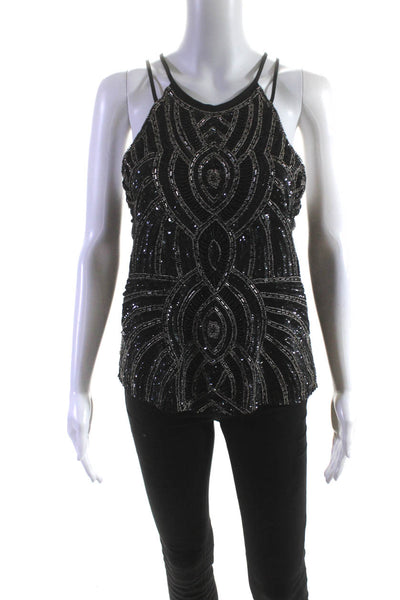 Parker Womens Beaded Sequin Halter Sleeveless Top Blouse Black Size Extra Small